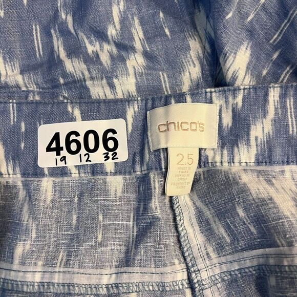 Chico's Blue White Linen Chino Pants Sz 14 2.5 Wide Leg Ikat Beach Boho Womens - Picture 11 of 12